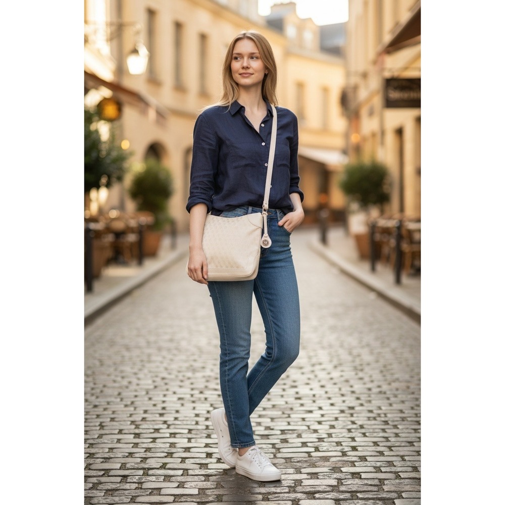 Dooney‎ & Bourke Crossbody Bag Medium Cream Monogram Jacquard Leather Trim